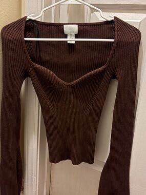 H&M Chocolate Brown Ribbed Long-Sleeve Sweetheart-Neck Top